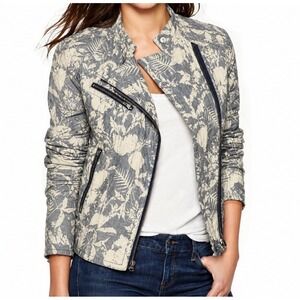 GAP Moto Jacket Quilted Semi Cropped Blue White Floral Cotton Sz XS